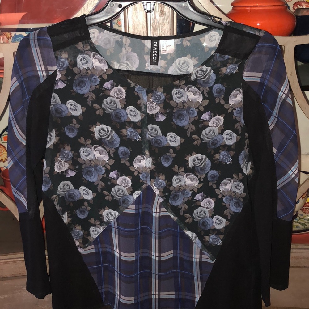 Floral/Plaid Semi Sheer Blouse Navy Size XS